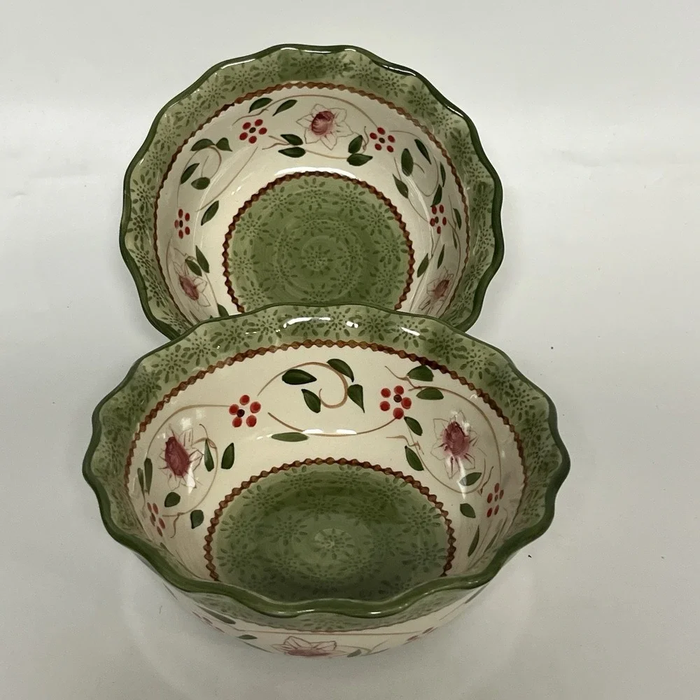 TEMP-TATIONS‎ Heritage Green Old World Floral Stoneware Soup BOWL SET
